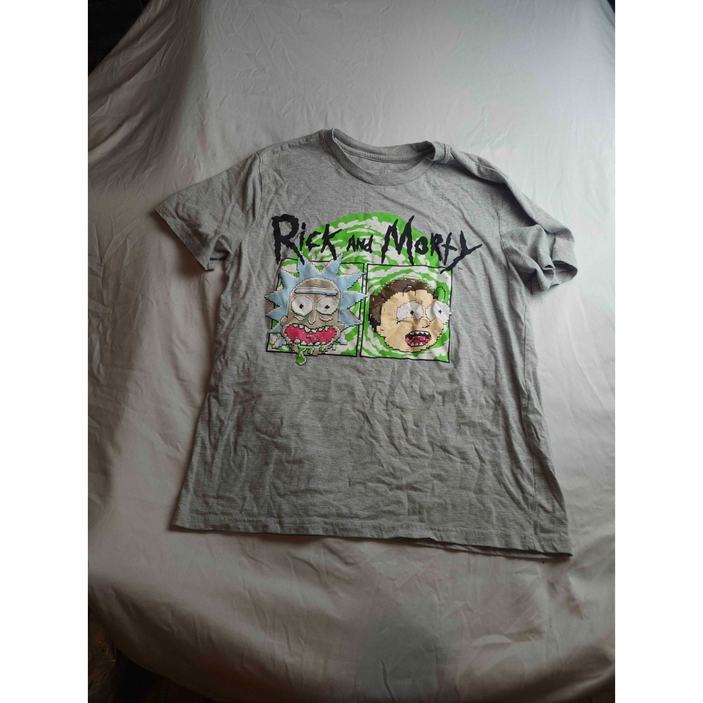 Rick and Morty Pixel Graphic Shirt Mens Large Gray Knit Portal Tee Short Sleeve
